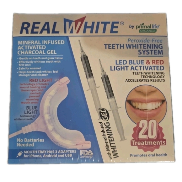 Real White by Primal Life Teeth Whitening System Led Blue Light 20 Treatments - Picture 1 of 7